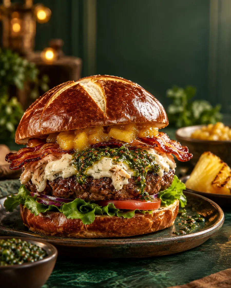 Interpretación visual de una hamburguesa en pan pretzel con piña, tocineta y chimichurri