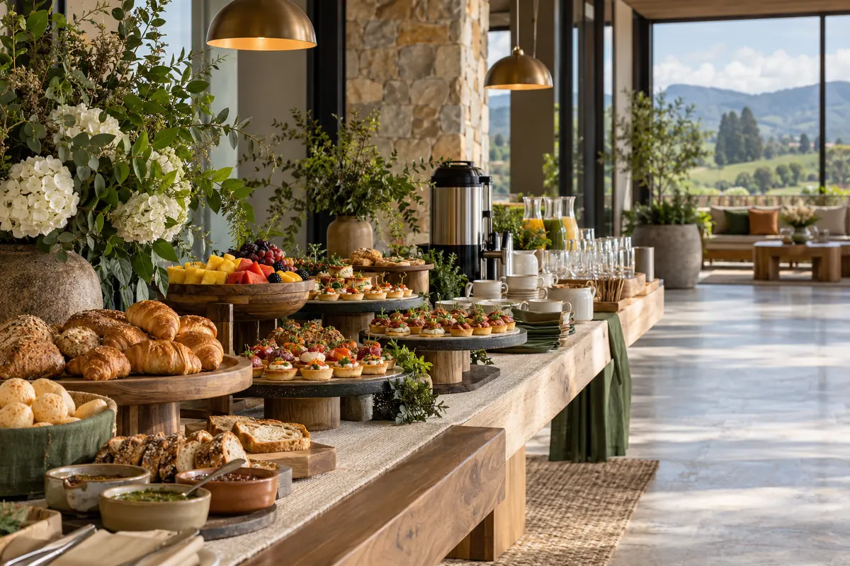 Buffet corporativo con café, panadería, fruta y bocados salados