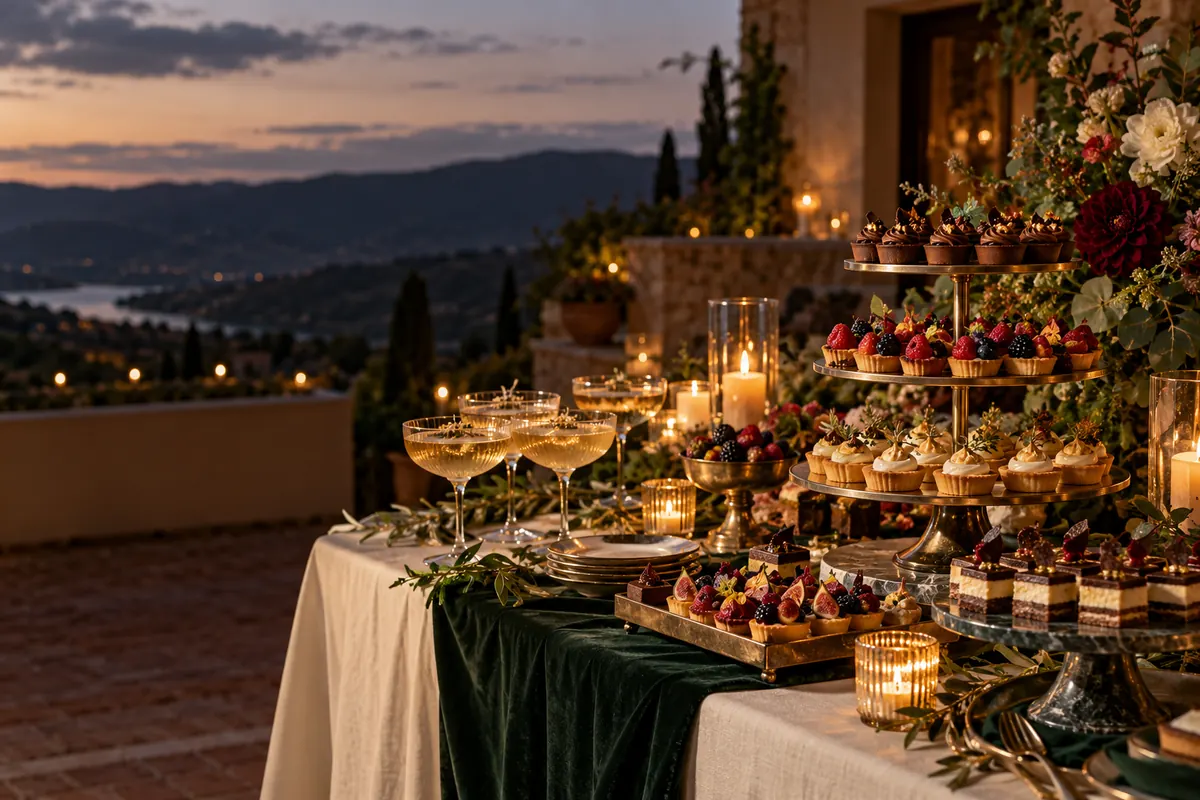 Mesa de postres y brindis para una celebración elegante al atardecer