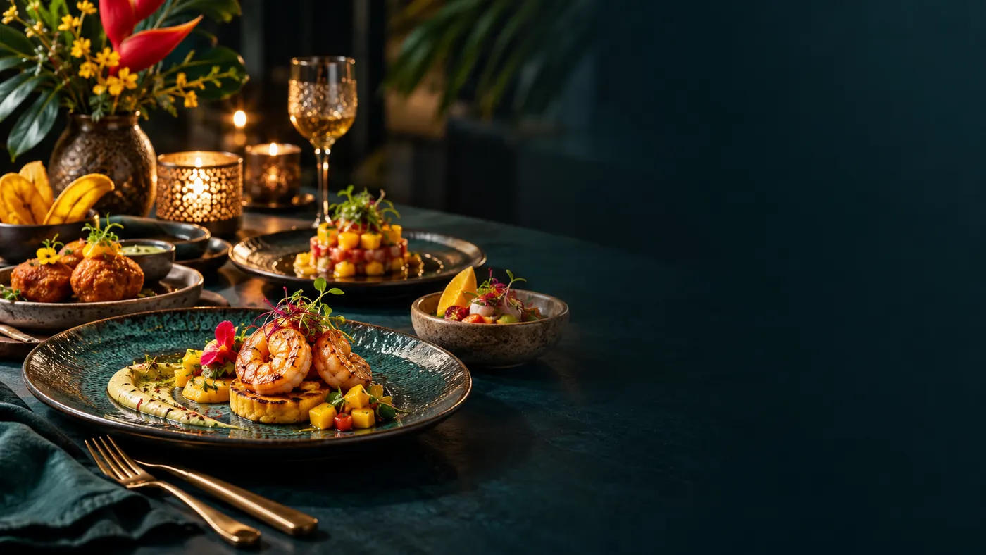 Selección de platos de autor con mariscos y frutas tropicales