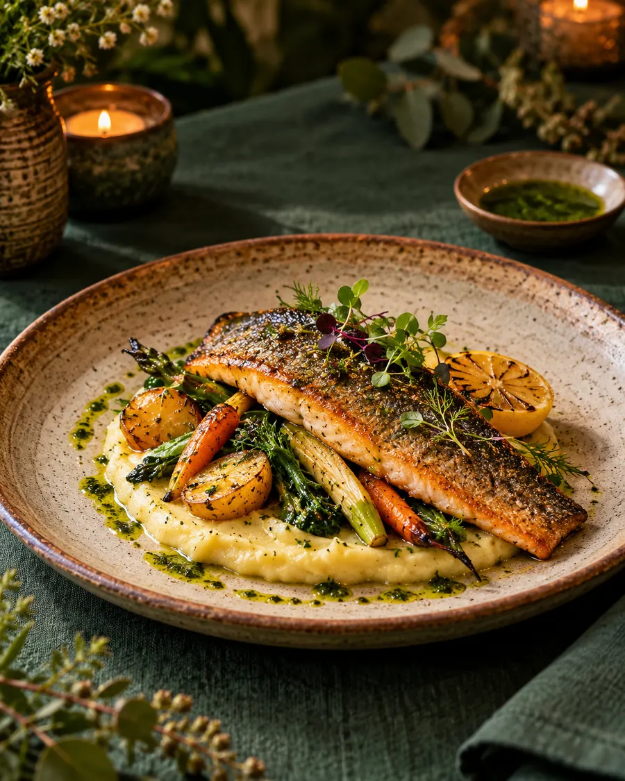 Trucha dorada con papa, vegetales y aceite de hierbas